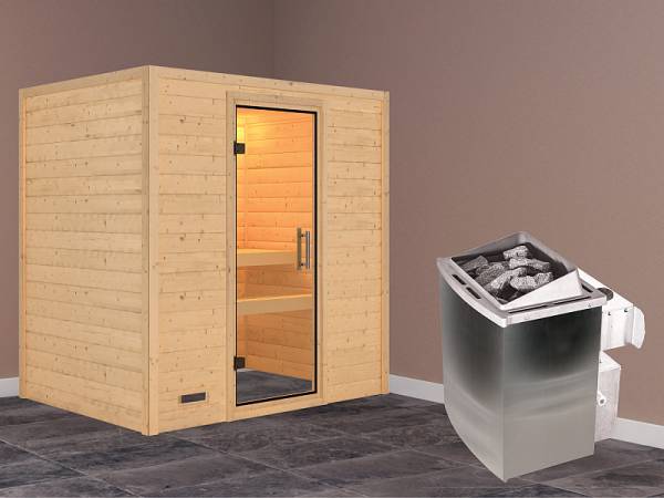 Karibu Woodfeeling Sauna Sonja - Klarglas Saunatür - 4,5 kW Ofen integr. Strg. - ohne Dachkranz