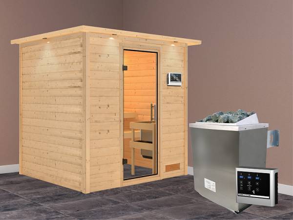 Karibu Woodfeeling Sauna Anja - Klarglas Saunatür - 4,5 kW Ofen ext. Strg. - mit Dachkranz
