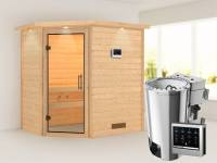 Cilja - Karibu Sauna Plug & Play 3,6 kW Bio Ofen, ext. Steuerung - mit Dachkranz - Klarglas Ganzglastür
