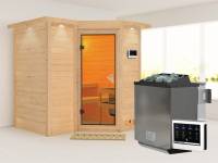 Karibu Sauna Sahib 1 inkl. 9 kW Bioofen ext. Steuerung, mit klassischer Saunatür -mit Dachkranz-