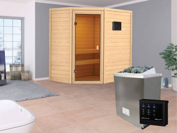 Karibu Aktionssauna Dolf mit 4,5 kW Ofen ext. Strg ohne Dachkranz Karibu Aktionssauna Dolf mit 4,5 kW Ofen ext. Strg ohne Dachkranz