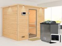 Karibu Sauna Sonara inkl. 9 kW Bio Ofen mit ext. Steuerung, mit Dachkranz, mit Klarglas Ganzglastür