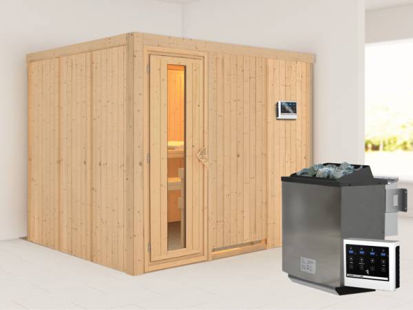 Karibu Sauna Gobin inkl. 9-kW-Bioofen mit externer Steuerung, ohne Dachkranz, mit energiesparender Saunatür