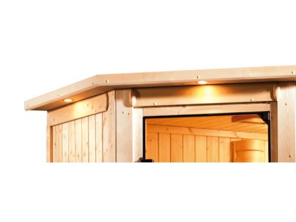 Karibu Sauna Karla 38 mm mit Dachkranz- 9 kW Ofen ext. Strg- energiesparende Tür