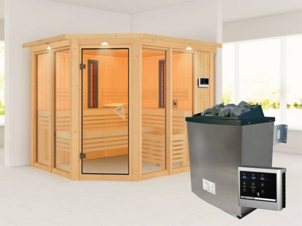 Karibu Multifunktions-Sauna Ava mit Dachkranz, 9 kW Ofen und Infrarotstrahler Karibu Multifunktions-Sauna Ava mit Dachkranz, 9 kW Ofen und Infrarotstrahler