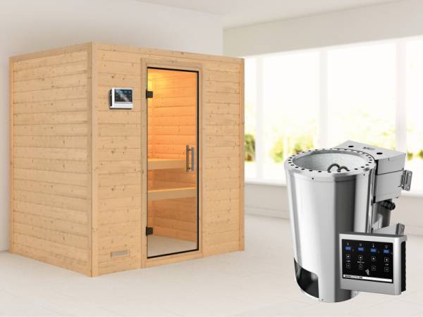 Ronja - Karibu Sauna Plug & Play 3,6 kW Bio Ofen, ext. Steuerung - ohne Dachkranz - Klarglas Ganzglastür