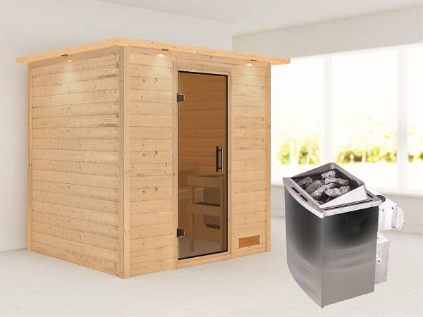 Karibu Sauna Anja - Moderne Saunatür - 4,5 kW Ofen integr. Strg. - mit Dachkranz