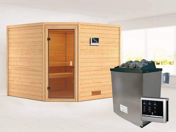 Karibu Sauna Leona 38 mm ohne Dachkranz- 9 kW Ofen ext. Strg