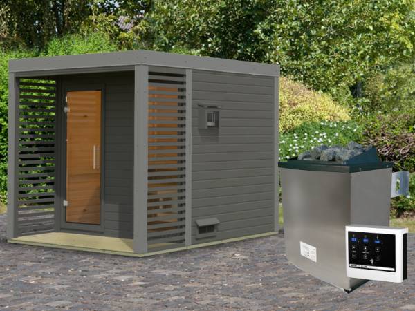 Karibu Hybrid Saunahaus Ares 2, terragrau/staubgrau -inkl. 9 kW Ofen ext. Steuerung-