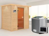 Karibu Woodfeeling Sauna Sonja - Classic Saunatür - 4,5 kW BIO-Ofen ext. Strg. - mit Dachkranz