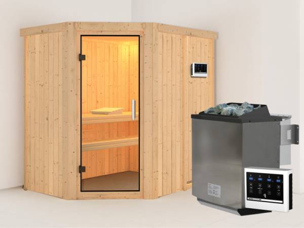 Karibu Sauna Carin- Klarglas Saunatür- 4,5 kW Bioofen ext. Strg- ohne Dachkranz