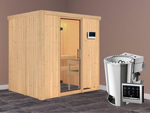 Fanja - Karibu Sauna Plug &amp; Play 3,6 kW Bio Ofen, ext. Steuerung - ohne Dachkranz - Klarglas Ganzglastür