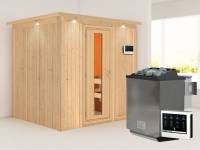 Karibu Sauna Sodin 68 mm- energiesparende Saunatür- 4,5 kW Bioofen ext. Strg- mit Dachkranz