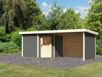 Karibu Woodfeeling Gartenhaus Neuruppin 3 terragrau mit Anbaudach 3,2 m inkl. Rück- und Seitenwand