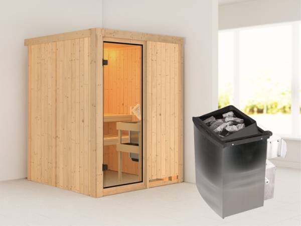 Karibu Sauna Norin- klassische Saunatür- 4,5 kW Ofen integr. Strg- ohne Dachkranz