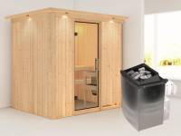 Karibu Sauna Bodin inkl. 9 kW Ofen integr. Steuerung mit Klarglas Ganzglastür -mit Dachkranz-