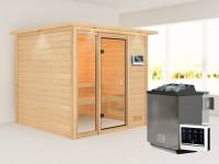 Karibu Sauna Jutta mit 9 kW Bioofen ext. Strg und Dachkranz 38 mm