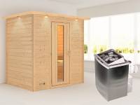 Karibu Woodfeeling Sauna Sonja - energiesparende Saunatür - 4,5 kW Ofen integr. Strg. - mit Dachkranz