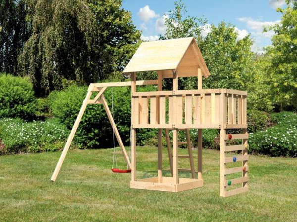 Akubi Spielturm Lotti Satteldach + Einzelschaukel + Anbauplattform + Kletterwand Akubi Spielturm Lotti Satteldach + Einzelschaukel + Anbauplattform + Kletterwand