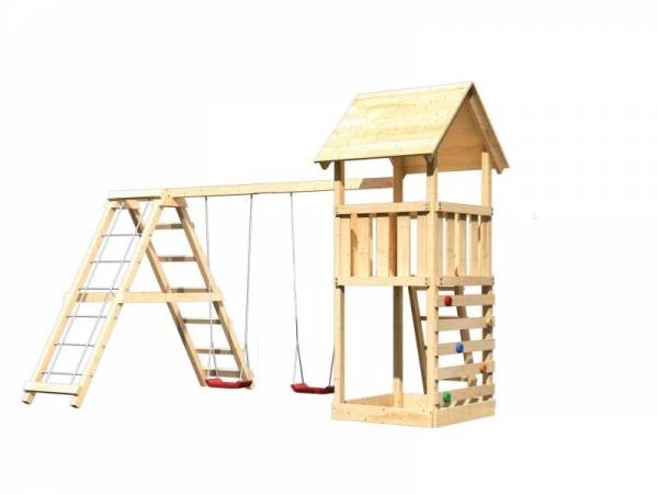 Akubi Spielturm Lotti mit Kletterwand und Doppelschaukel inkl. Klettergerüst