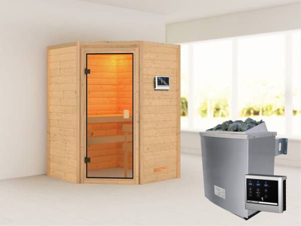 Karibu Sauna Antonia mit 4,5 kW Ofen ext. Strg ohne Dachkranz Karibu Sauna Antonia mit 4,5 kW Ofen ext. Strg ohne Dachkranz