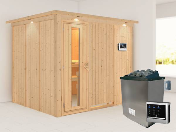 Karibu Sauna Gobin inkl. 9-kW-Ofen mit externer Steuerung, mit Dachkranz, mit energiesparender Saunatür