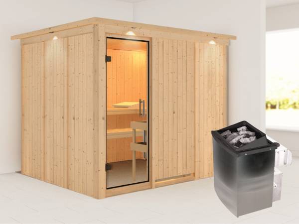 Karibu Sauna Gobin inkl. 9 kW Ofen mit int. Steuerung, mit Dachkranz, mit Klarglas Ganzglastür