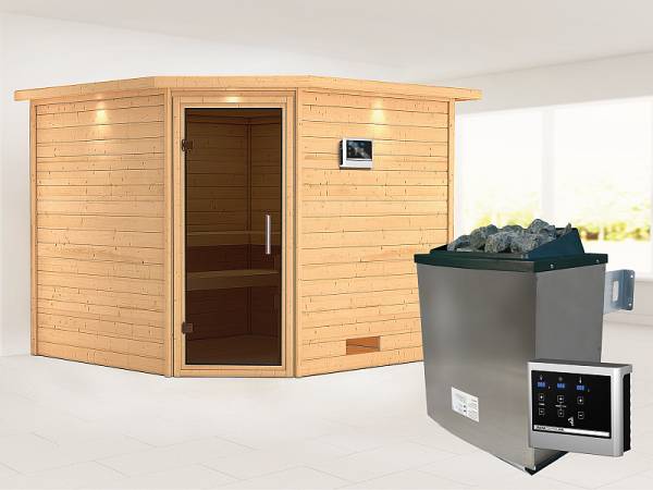 Karibu Sauna Leona 38 mm mit Dachkranz- 9 kW Ofen ext. Strg- moderne Tür
