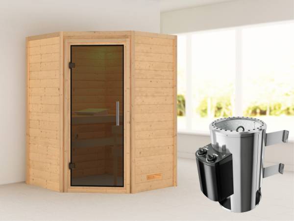 Alicja - Karibu Sauna Plug &amp; Play 3,6 kW Ofen, int. Steuerung - ohne Dachkranz - Moderne Saunatür