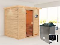 Karibu Sauna Anja inkl. 9 kW Ofen ext. Steuerung, mit klassischer Saunatür -mit Dachkranz-