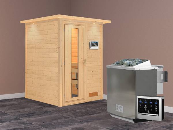 Karibu Woodfeeling Sauna Svenja- energiesparende Saunatür- 4,5 kW Bioofen ext. Strg- mit Dachkranz