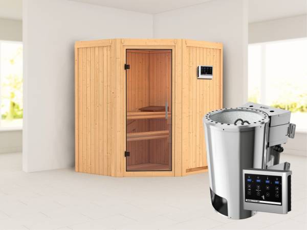 Tonja - Karibu Sauna Plug & Play 3,6 kW Bio Ofen, ext. Steuerung - ohne Dachkranz - Klarglas Ganzglastür