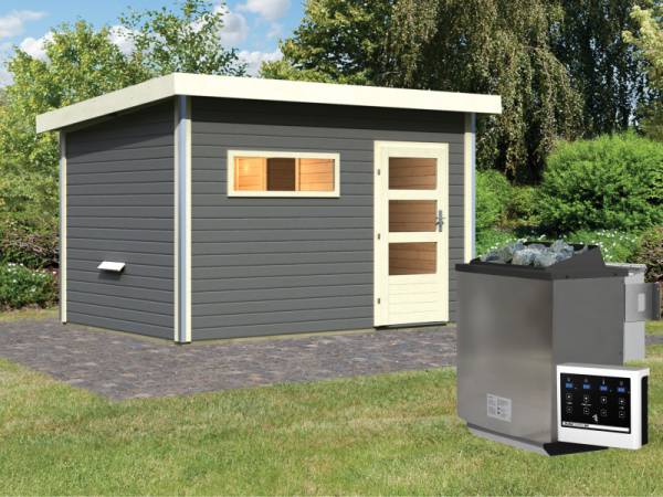 Karibu Saunahaus Farsund mit moderner Tür terragrau im Set 9 kW Bioofen ext. Strg., Bankblende