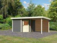 Karibu Woodfeeling Gartenhaus Neuruppin 3 terragrau mit 2,6 m Anbaudach inkl. Rückwand