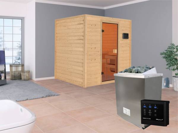 Karibu Aktionssauna Ari mit 4,5 kW Ofen ext. Strg. ohne Dachkranz Karibu Aktionssauna Ari mit 4,5 kW Ofen ext. Strg. ohne Dachkranz