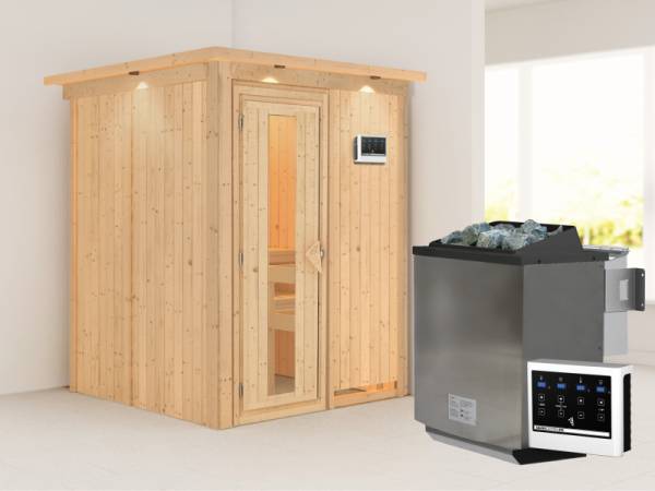 Karibu Sauna Norin inkl. 9-kW-Bioofen mit externer Steuerung, mit Dachkranz, mit energiesparender Saunatür