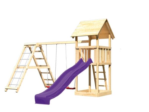 Akubi Spielturm Lotti mit Rutsche in violett und Doppelschaukel inkl. Klettergerüst