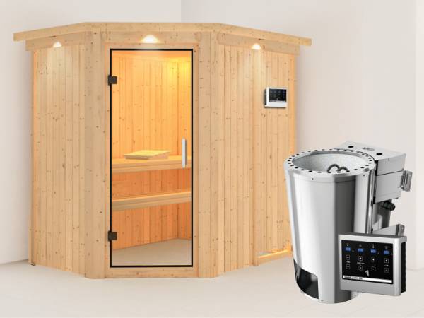 Saja - Karibu Sauna Plug & Play 3,6 kW Bio Ofen, ext. Steuerung - mit Dachkranz - Klarglas Ganzglastür