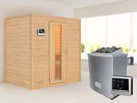 Karibu Sauna Sonja - energiesparende Saunatür - 4,5 kW Ofen ext. Strg. - ohne Dachkranz