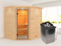 Karibu Sauna Mia inkl. 9 kW Ofen integr. Steuerung, mit klassicher Saunatür -mit Dachkranz-