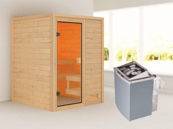 Karibu Woodfeeling Sauna Sandra mit 4,5 kW Ofen integr. Strg ohne Dachkranz