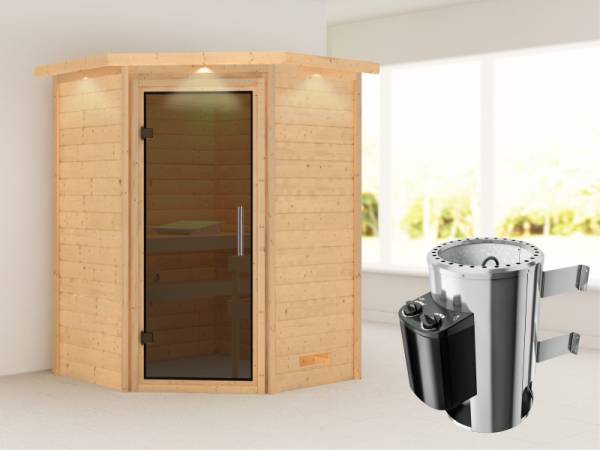 Alicja - Karibu Sauna Plug &amp; Play 3,6 kW Ofen, int. Steuerung - mit Dachkranz - Moderne Saunatür