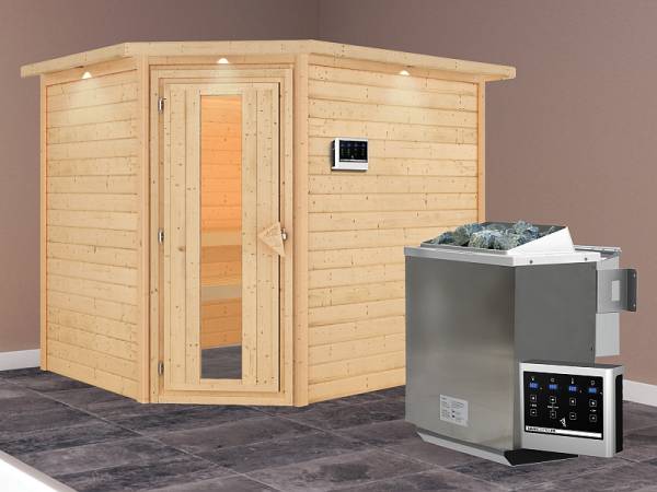 Karibu Sauna Lisa 38 mm mit Dachkranz- 9 kW Bioofen ext. Strg- energiesparende Saunatür