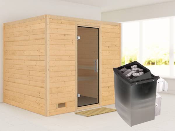 Karibu Sauna Sonara inkl. 9-kW-Ofen mit interner Steuerung, ohne Dachkranz, mit moderner Saunatür