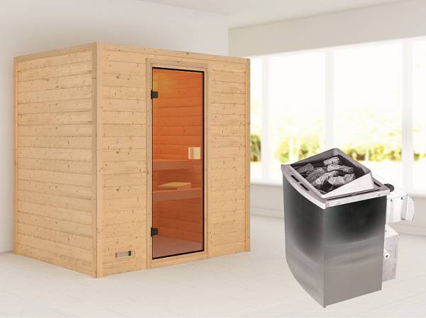 Karibu Woodfeeling Sauna Sonja - Classic Saunatür - 4,5 kW Ofen integr. Strg. - ohne Dachkranz
