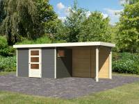 Karibu Woodfeeling Gartenhaus Oburg 4 terragrau mit Anbaudach 2,8 Meter inkl. Rückwand