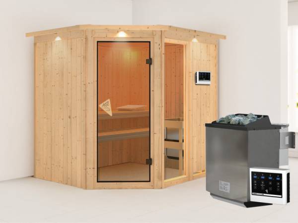 Fiona 2 - Karibu Sauna inkl. 9-kW-Bioofen - mit Dachkranz -