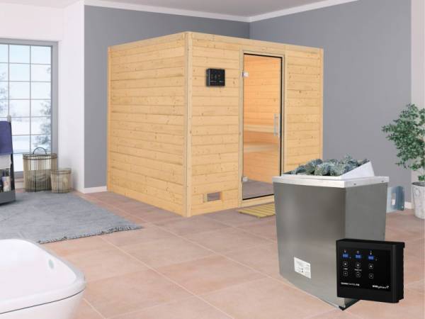 Karibu Aktionssauna Sindri mit 9 kW Ofen ext. Strg. ohne Dachkranz Karibu Aktionssauna Sindri mit 9 kW Ofen ext. Strg. ohne Dachkranz