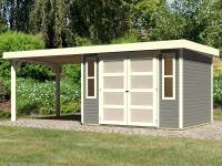 Karibu Gartenhaus Mühlendorf 4 terragrau 19 mm mit Anbaudach 2,60 m