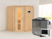 Karibu Sauna Larin- energiesparende Saunatür- 4,5 kW Bioofen ext. Strg- ohne Dachkranz